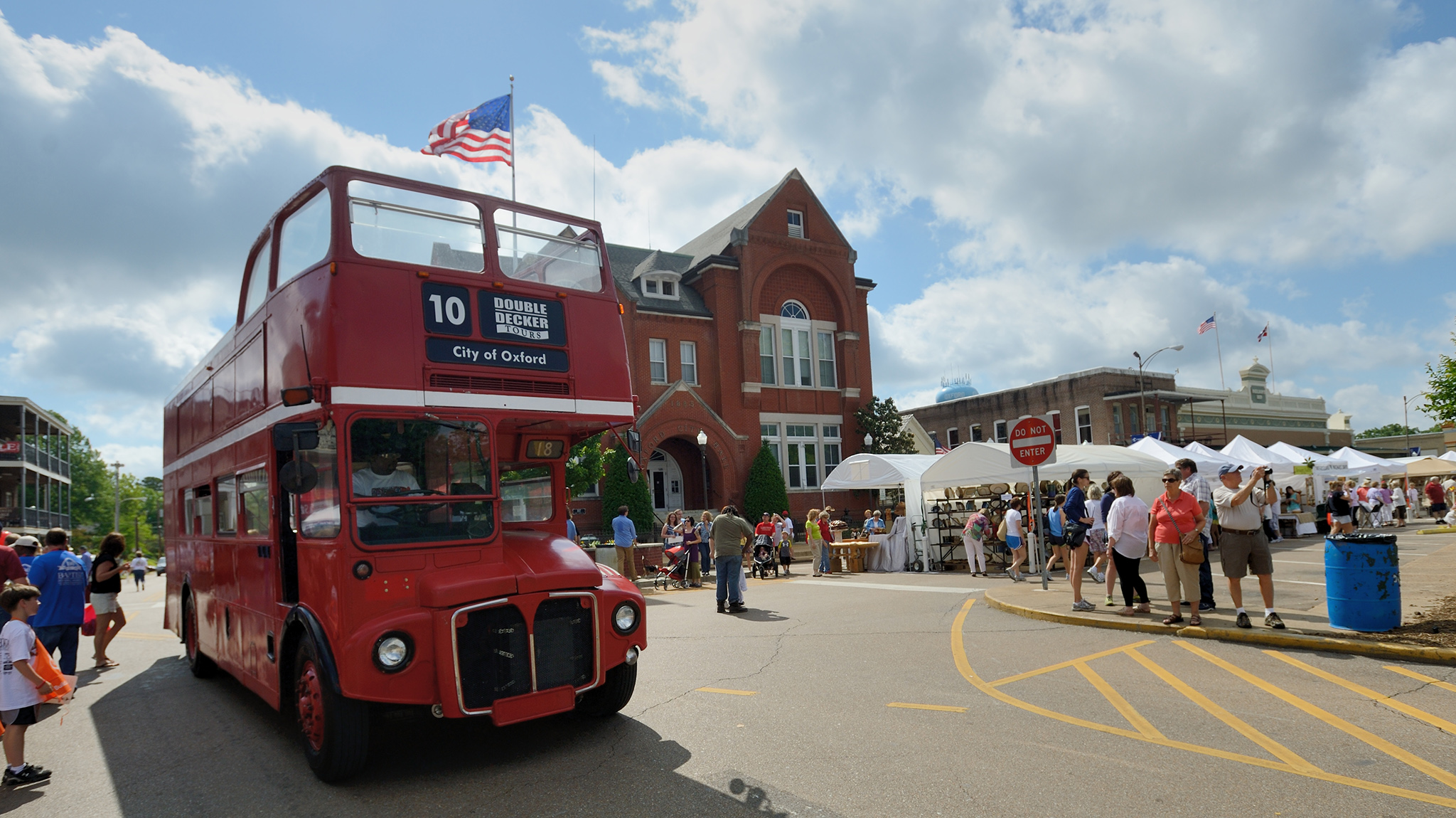 An image of the downtown with a double decker bus